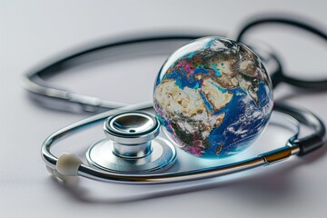 Intricately designed globe encased by a professional stethoscope, representing global health initiatives.