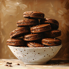 Delicious homemade chocolate cookies with creamy filling in a bowl