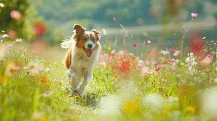 A dog joyfully runs through a vibrant field of colorful flowers under the sun