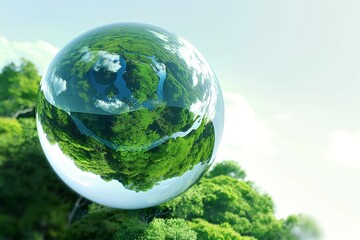 Glass globe 3D logo reflecting lush green forests and flowing rivers under clear blue skies