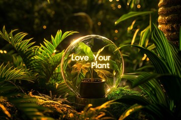 Love Your Plant glowing on a glass globe surrounded by lush greenery at golden hour in a botanical garden.