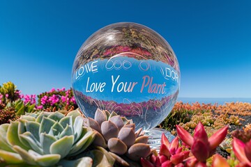 Love Your Plant elegantly engraved on a crystal-clear glass globe, nestled amidst a field of colorful succulents under clear blue skies.