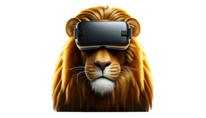 Lion with VR headset in PNG, transparent background, bridging the gap between the wild and virtual realms.

