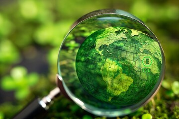 Magnifying glass zooms in on ESG icon atop a verdant globe, symbolizing global sustainability.