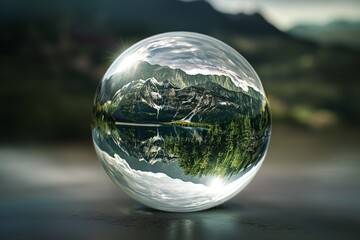 Glass globe 3D logo shining with Earth's landscapes reflected in intricate detail.