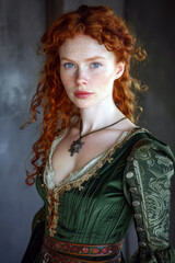 Medieval Red-Haired Irish Woman: Authentic Portrait in Period Dress, Generative AI