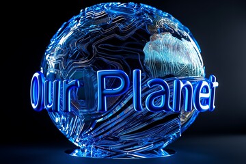 Mesmerizing 3D typography Our Planet intricately crafted on a pristine glass orb, portrayed in