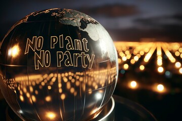 No Plant No Party intricately etched in 3D typography on a gleaming glass globe, reflecting city lights below.