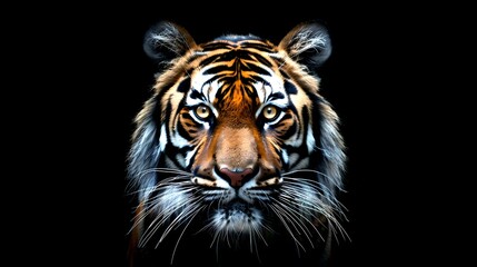 Fototapeta premium Majestic Tiger Portrait on Black Background, Powerful Feline Face Close-Up, Striped Wild Animal, Elegance in Wildlife Photography. AI