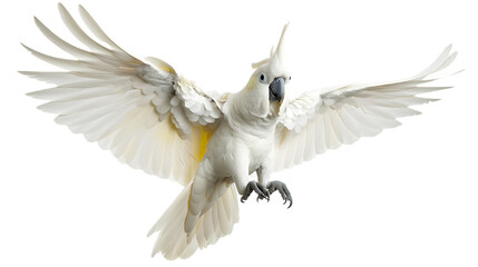 A flying white cockatoo with spread wings and open beak on white background