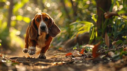 A brown and white dog energetically running through a dense forest filled with trees and greenery