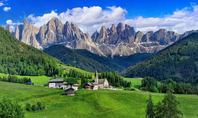 Stunning Alpine scenery of breathtaking Dolomites rocks mountains in Italian Alps, South Tyrol Alto...