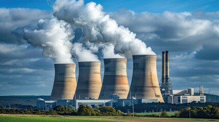 Obraz premium Thick smoke billowing from industrial cooling towers against a gray sky