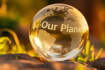 Our Planet engraved on a crystal-clear glass globe, reflecting the world's beauty in