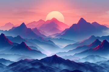 A symphonic blend of pinks and reds paint the sunset on a multi-layered mountain range. AI Generated