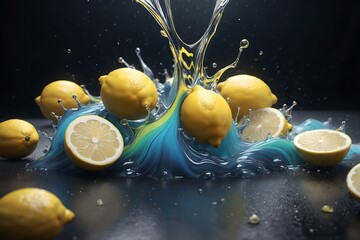 Vibrant Fruit Explosion: An abstract piece of art depicting fresh fruit in a dynamic blend of colors, ideal for beverage advertising, designed for marketers and creatives, presented at an angle