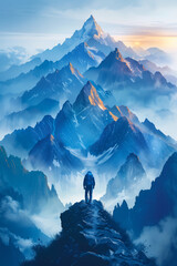 A trekker contemplates the majestic blue mountain vista, illuminated by a gentle sunrise - AI Generated