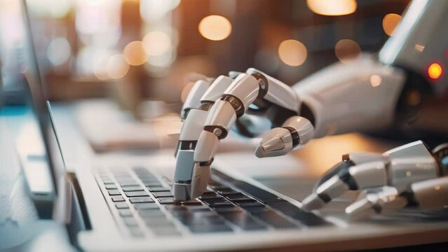 Robotic hand typing on a laptop keyboard. Selective focus photography with bokeh background. 