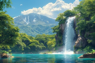 Depicting the tranquil waters of Rio Celeste against a mountainous backdrop, this AI-generated vector illustration showcases the peaceful splendor of Costa Rica’s landscapes