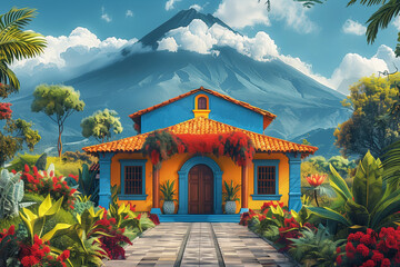 AI brings to life a vibrant Costa Rican casa adorned with lush flora, set against the dramatic backdrop of a towering volcano.