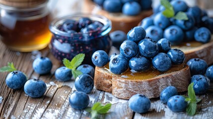   A tight shot of a slice of bread topped with blueberries, nearby sits a jar of honey in the background - obrazy, fototapety, plakaty
