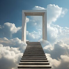 A sacred path ascending to the blue sky with stairs and white clouds mean door the sky