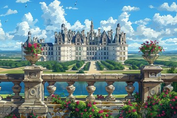 Overlooking the grand Château de Chambord and its lush gardens from a flower-adorned balcony, AI Generated.