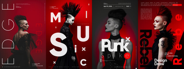 Bold red backdrop unites striking punk-inspired fashion portraits, with oversized white typography for a high-impact visual series.