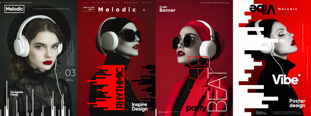 Harmonious fusion of music and fashion, showcased by red, black, and white posters with rhythmic typography and melodious visuals. - obrazy, fototapety, plakaty