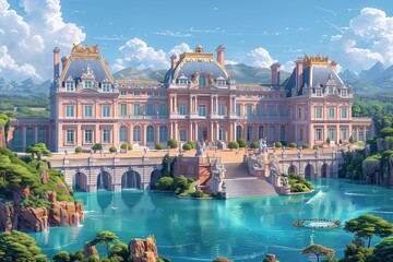 An AI-generated vector illustration depicting the Palace of Versailles perched above tranquil waters, surrounded by lush gardens. AI Generated