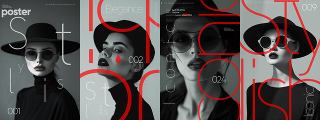 A quartet of monochrome fashion portraits, overlaid with bold red typography, each conveying a unique facet of style and sophistication.