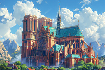 Fantasy vector illustration of Sainte-Chapelle in an idyllic mountain setting. AI Generated