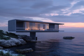A modern house on a cliff by the sea. Large windows and a glass wall offer stunning views. The sky is cloudy and the sun is setting, casting warm colors on the water.