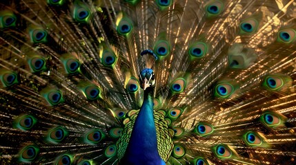 Obraz premium Magnificent Peacock Displaying Vibrant Tail Feathers. Captivating Wildlife Scene with a Colorful Bird. Perfect for Background or Nature Themes. AI