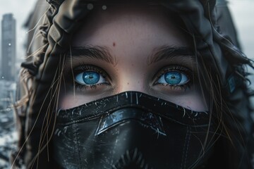 A woman with vivid blue eyes and a black hood over most of her face, except for her eyes, looks...