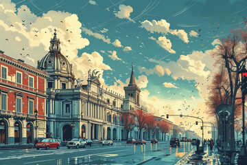 A nostalgic vector illustration depicting a vintage Roman streetscape, with classic architecture and a vibrant sky, evoking the spirit of discovery - AI Generated.