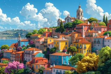 Vector illustration capturing the essence of Portugal with colorful buildings and historic towers. AI Generated