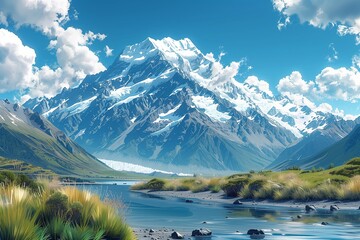 A vector portrayal of snow-capped peaks beside a calm New Zealand lakeside, with lush foliage. AI Generated