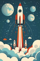A vintage-style vector of rockets ascending to space, symbolizing startup innovation and aspirations, AI Generated