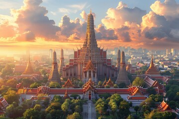 This AI-generated vector illustration captures the iconic Thai temple at sunset with a dramatic sky. AI Generated.