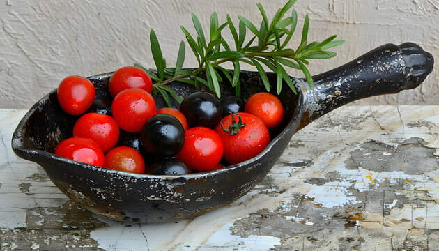 Red and black tomatoes, rosemary in a pan natural foods