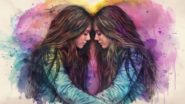 Two women with long hair look at each other, forming a heart shape with their bodies. They hug each other and are surrounded by a colorful background. Valentine's Day and LGBT.