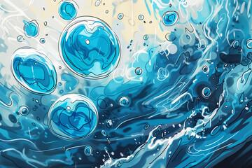 This vector art piece features abstract blue bubbles whirling in a vivid sea of communication and expression. AI Generated