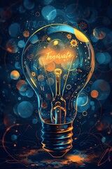 Vivid lightbulb with 'Innovate' inscription, encircled by gears and bubbles in a mesmerizing vector style, AI Generated