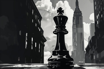 This vector illustration captures a chess king's reflection on wet urban streets, suggesting deep contemplation and strategy - AI Generated.
