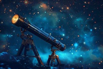 An angled telescope bathed in stardust guides the eye to the wonders of the midnight sky. AI Generated