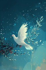 A dove glides through a starry night, an olive branch in tow, in this peaceful, AI-generated vector illustration.