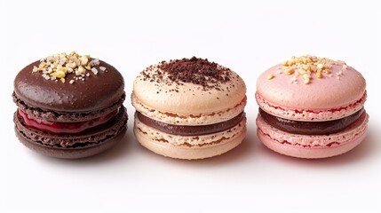 Fototapeta premium Three macaroons arranged in a row atop a white table