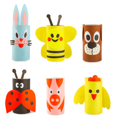 Toilet paper crafts isolated on white background. Kids crafts made with toilet paper roll. DIY. Handmade. Paper toys zoo. Origami animals. Concept of children's educational games.