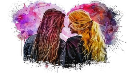Two women with long hair, their backs to the viewer. They look at each other and seem to be about to kiss. On a white background with a colorful heart shaped watercolor splash in the background.
